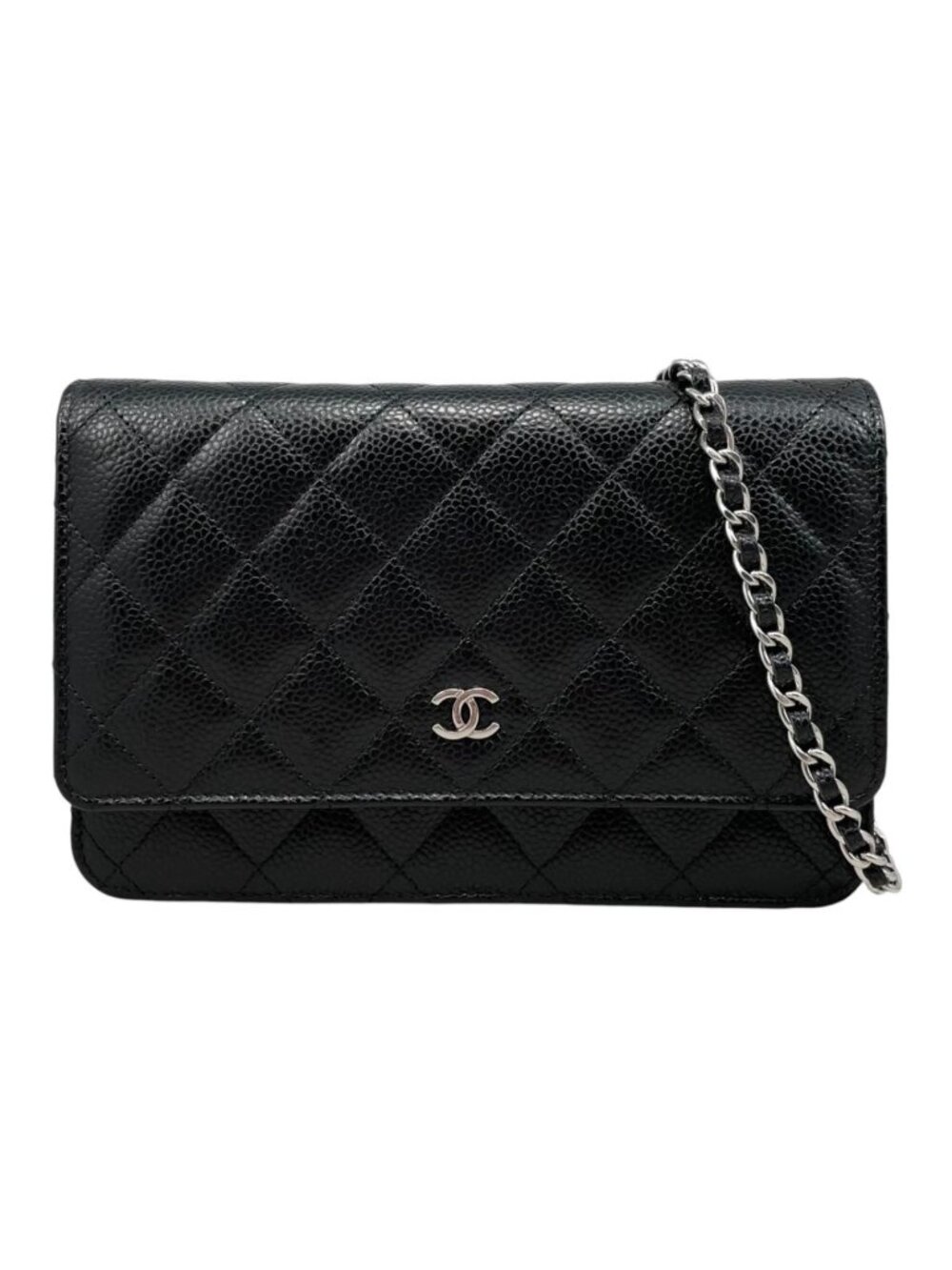 Chanel Shoulder Bag Chain Wallet Quilted Caviar Leather CC Logo Black Silver
